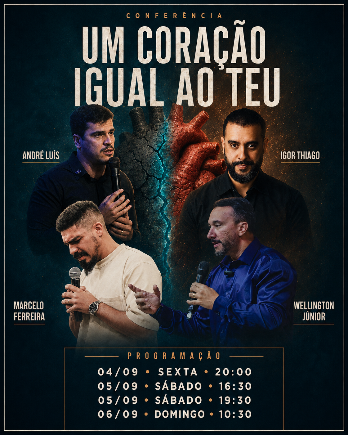 Conferência Um Coração Igual ao Teu — André Luís, Igor Thiago, Marcelo Ferreira e Wellington Júnior. Programação: sexta 04/09 às 20h, sábado 05/09 às 16h30 e 19h30, domingo 06/09 às 10h30
